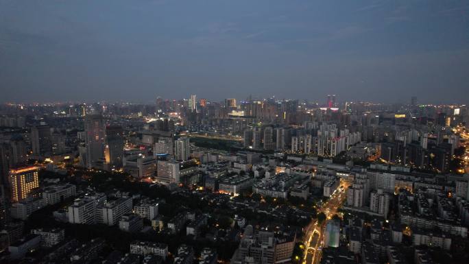 杭州城市夜幕降临交通航拍