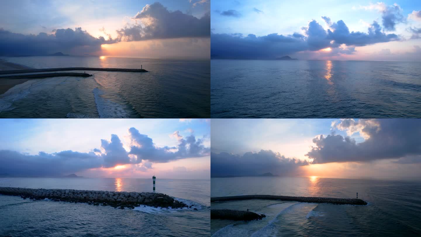 大海清晨阳光灯塔礁石浪漫