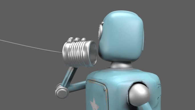 复古机器人用罐头电话说话。三维渲染