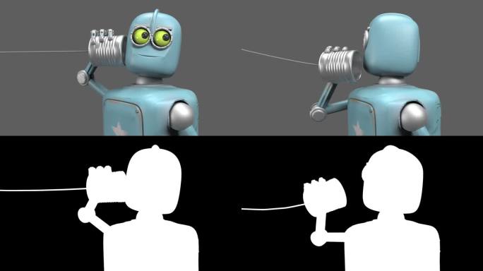 复古机器人用罐头电话说话。三维渲染