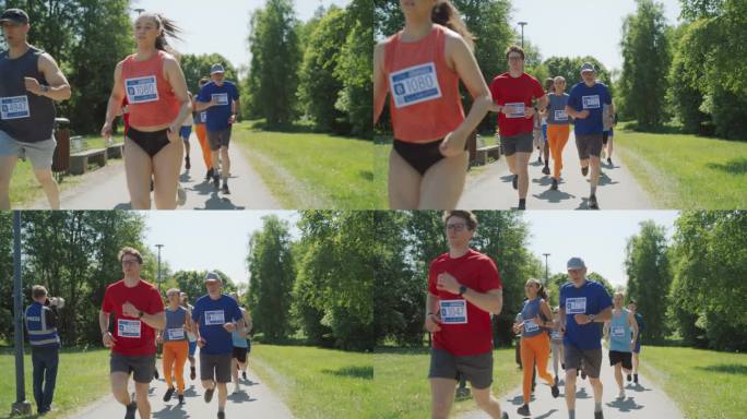 慢动作多莉拍摄:肖像的不同群体的人参加马拉松和通过公园小径跑。慢跑者在友好赛跑中随意争夺第一名