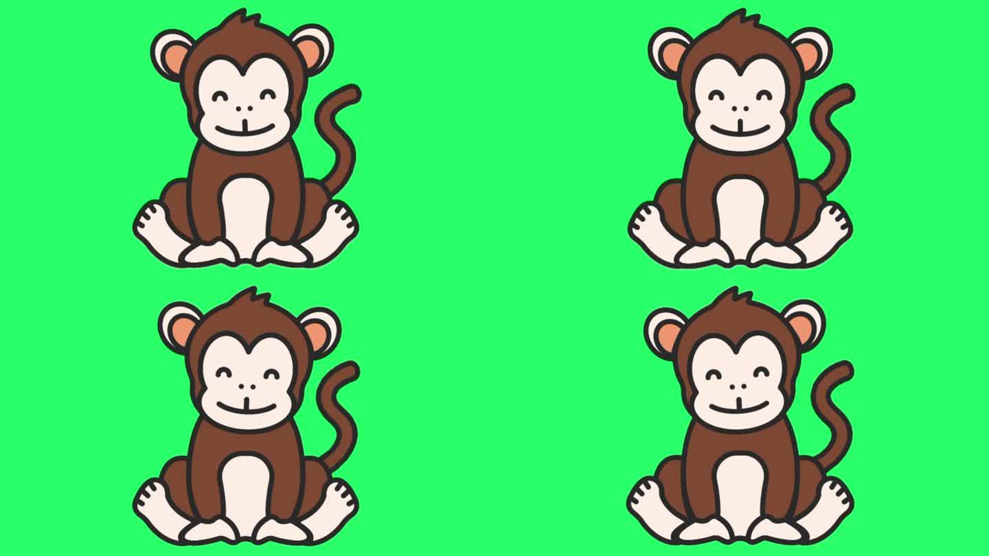 动画猴子坐在绿色背景。