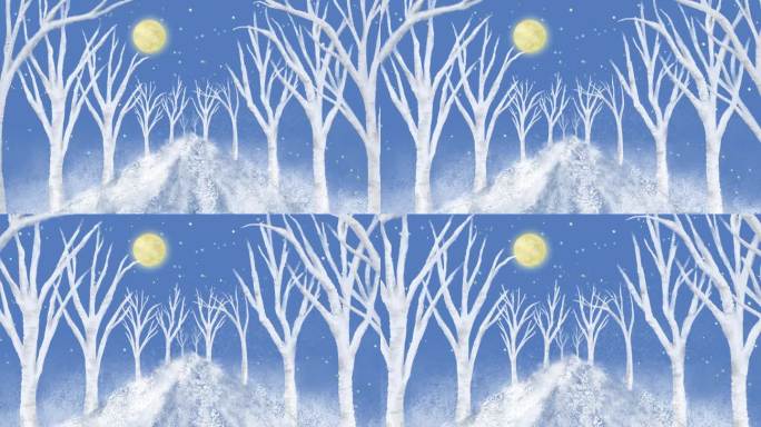 一个动画，在明亮的满月天空下，慢慢地走在白雪覆盖的绿树成荫的路上。