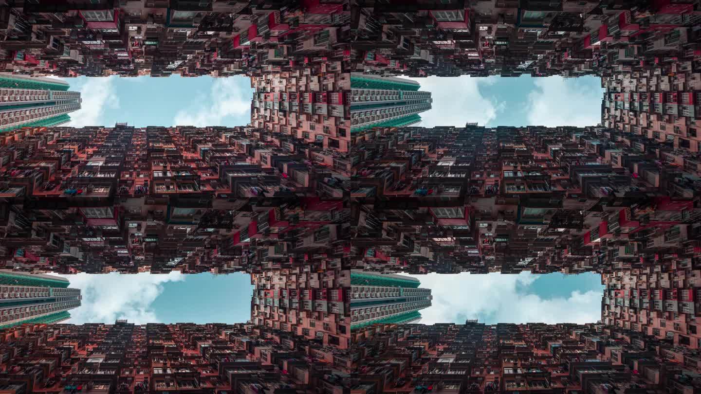 4K延时拍摄:香港蓝天下的低角度公寓。