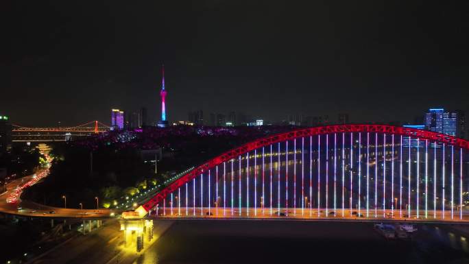 航拍湖北省武汉市汉阳区晴川桥夜晚景观