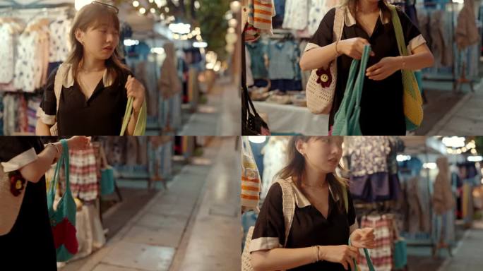 兴高采烈的女人在泰国夜市逛。
