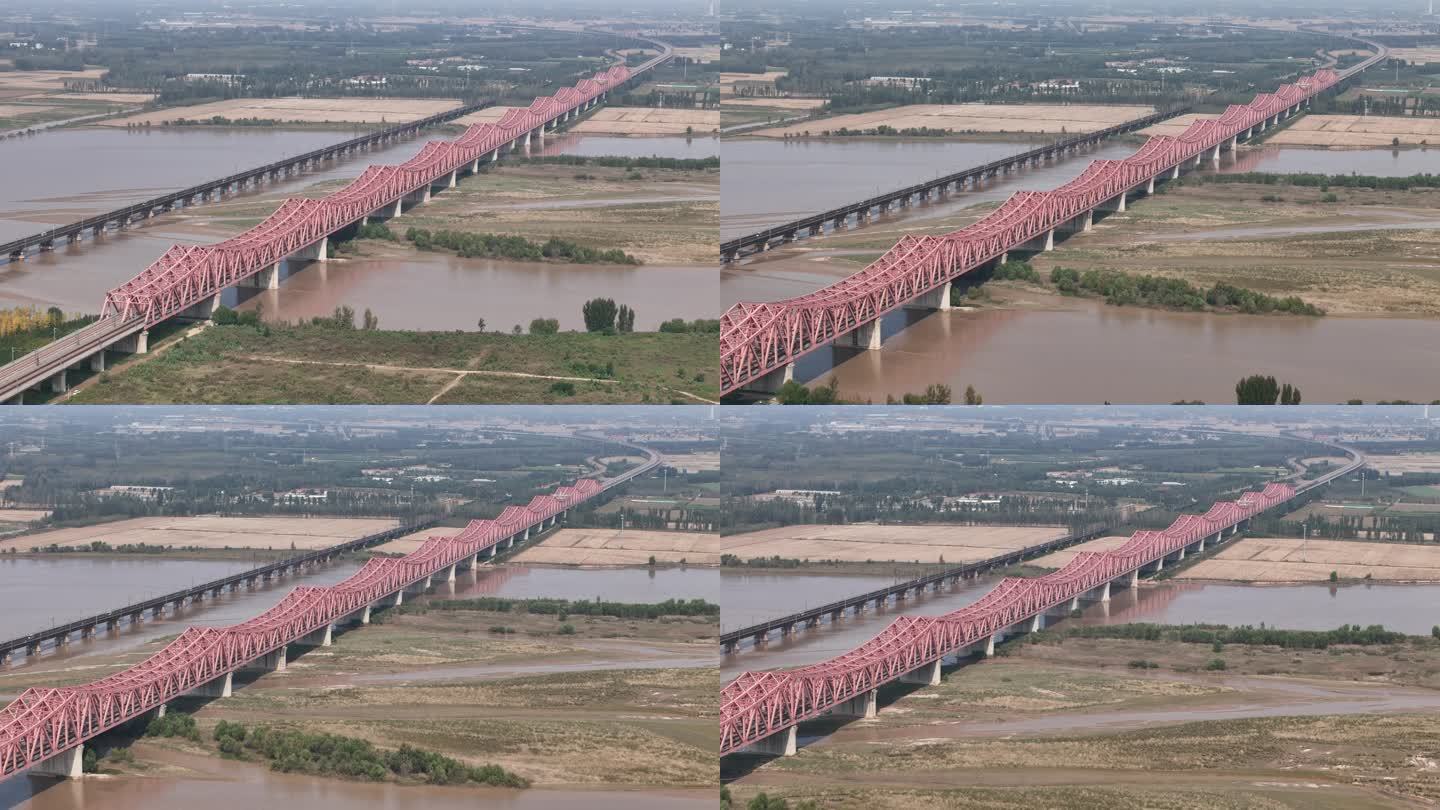 河南郑州京广线铁路火车高铁跨黄河桥航拍