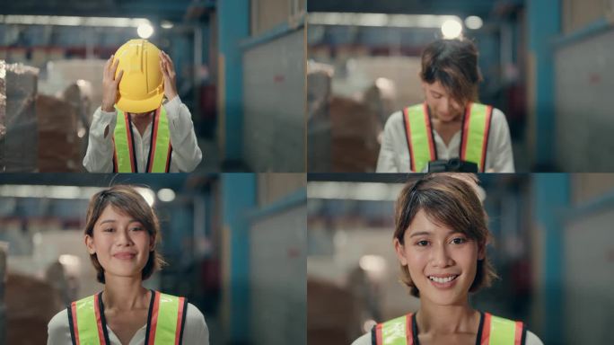 积极的亚洲女性在仓库的肖像:赋予行业多样性