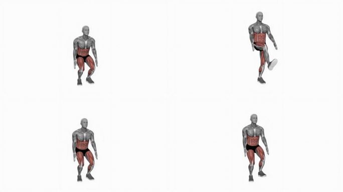 体重深蹲到前腿健身运动锻炼动画男性肌肉突出演示4K分辨率60 fps