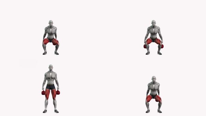 壶铃深蹲健身运动锻炼动画男性肌肉突出演示4K分辨率60 fps
