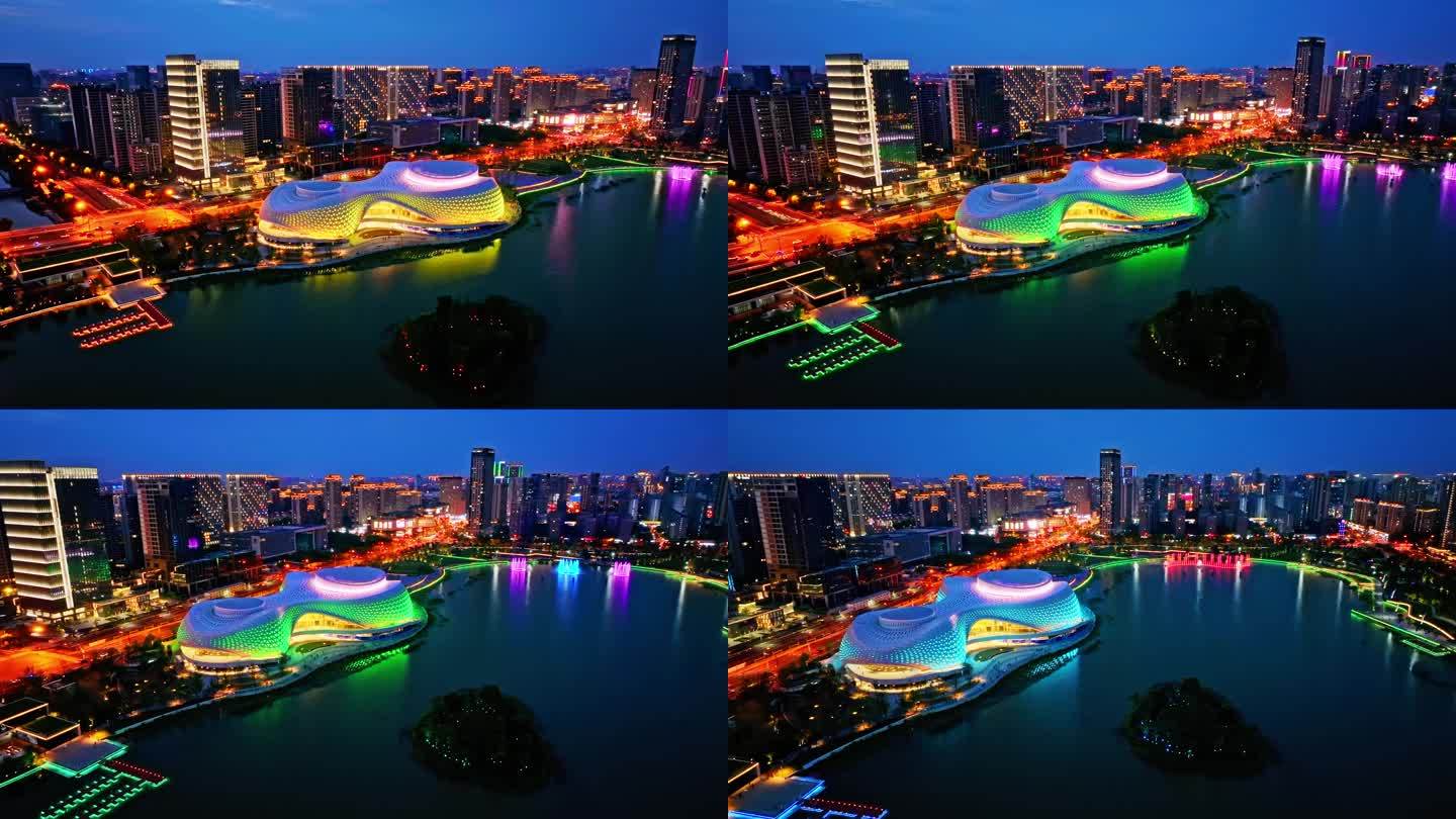 4K航拍杭州钱塘区下沙金沙湖夜景