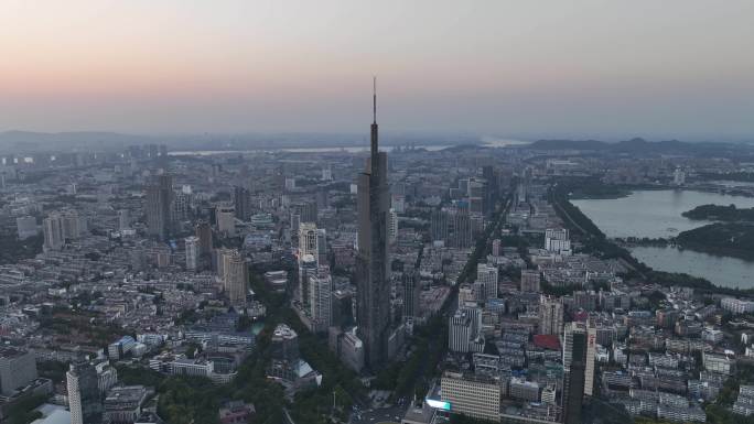 航拍江苏南京中央商务区紫峰大厦夕阳景观