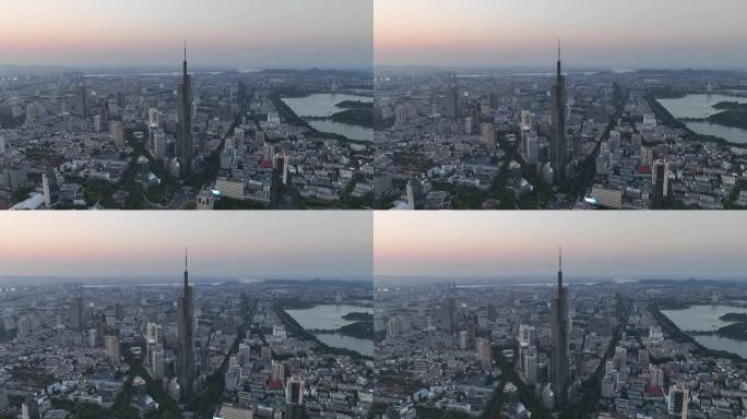 航拍江苏南京中央商务区紫峰大厦夕阳景观