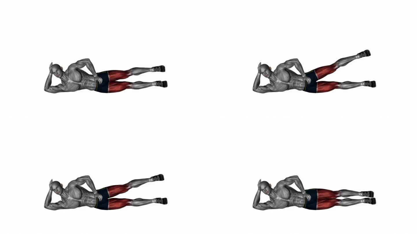 侧躺抬腿左健身运动锻炼动画男性肌肉突出演示4K分辨率60 fps