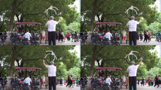 城市公园人文中老年人晨练广场舞休闲运动