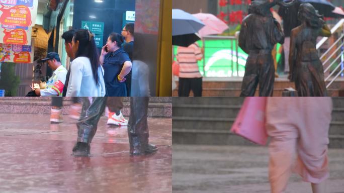 城市夜晚下雨天雨景人流夜景街景撑伞行人_