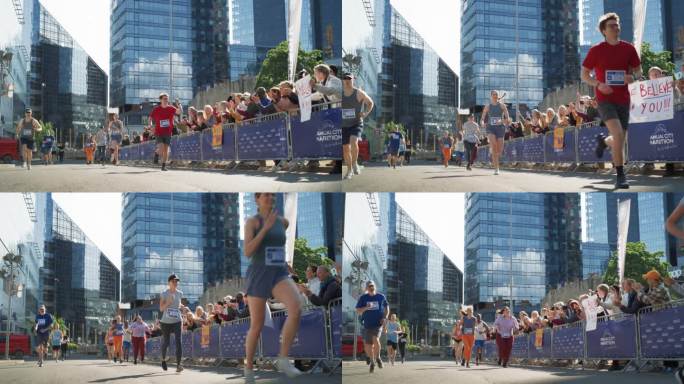 一群不同的人在城市马拉松比赛中竞争的慢动作地面镜头。观众中的家人和朋友热情地欢呼并支持他们所爱的人