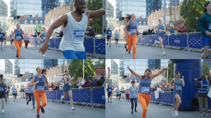 白天，不同人群穿过城市马拉松终点线的跟踪镜头。疲惫的跑步者庆祝他们的胜利和韧性，展示他们的奉献精神