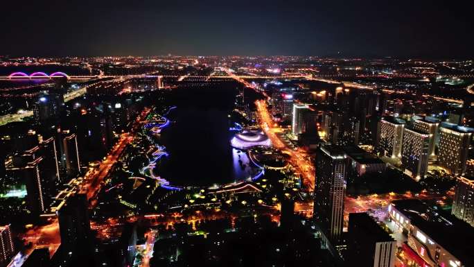 4K航拍杭州钱塘区下沙金沙湖夜景