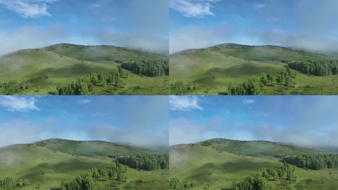 航拍绿色山野晨雾缭绕