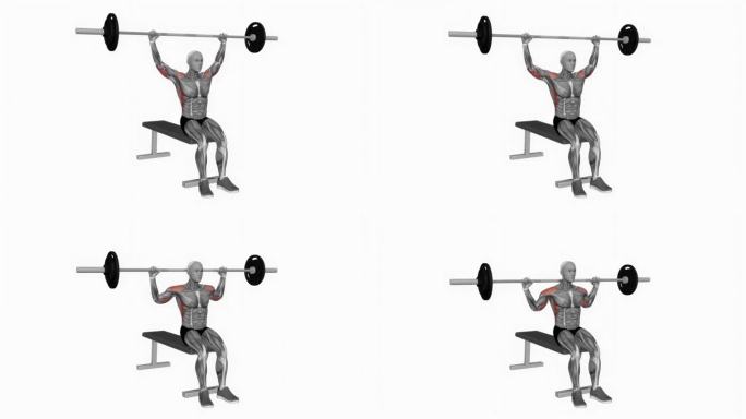 杠铃后颈军事按健身锻炼锻炼动画男性肌肉突出演示4K分辨率60 fps