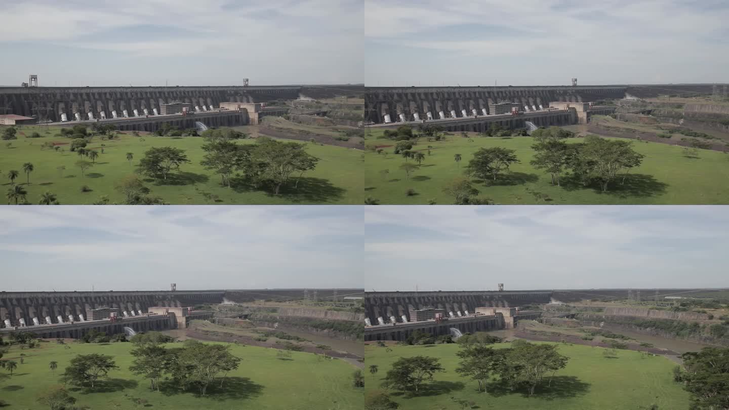 巴西和巴拉圭之间的伊泰普水电站和周围景观全景图。锅吧