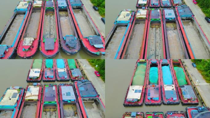大治河河道停靠的货船休息充电4K航拍