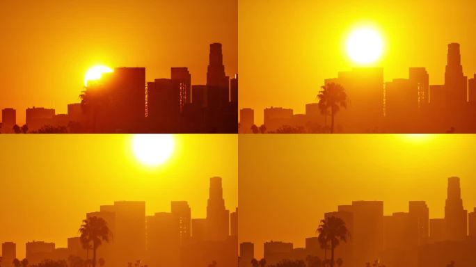太阳从洛杉矶市中心后面升起的延时照片