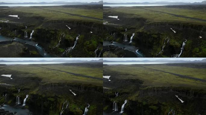 从冰岛的Sigöldugljúfur峡谷鸟瞰，瀑布与tungna<e:1>河的水蓝色的水和丰富的绿色