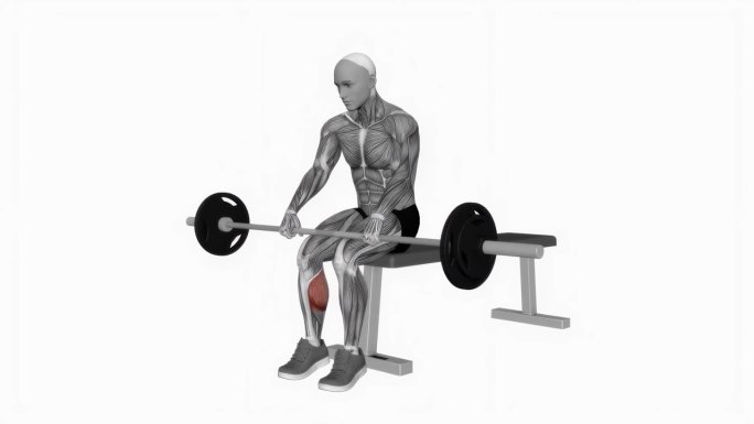杠铃坐在膝盖小腿提高健身运动锻炼动画男性肌肉突出演示4K分辨率60 fps
