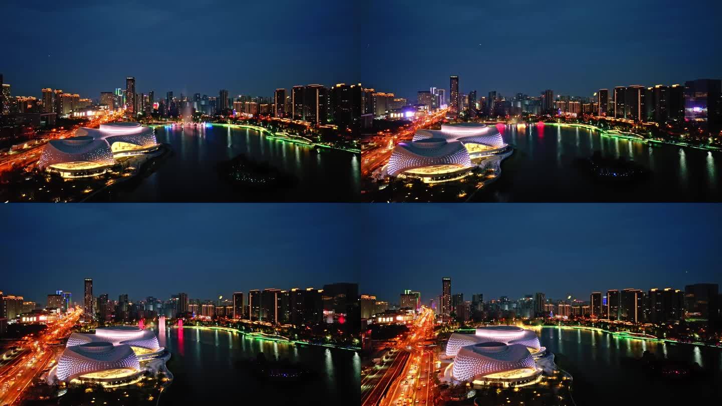 4K航拍杭州钱塘区下沙金沙湖夜景音乐喷泉