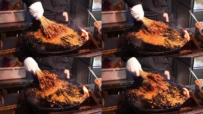 城市街头特色美食小吃烹饪火焰烧烤牛肉串