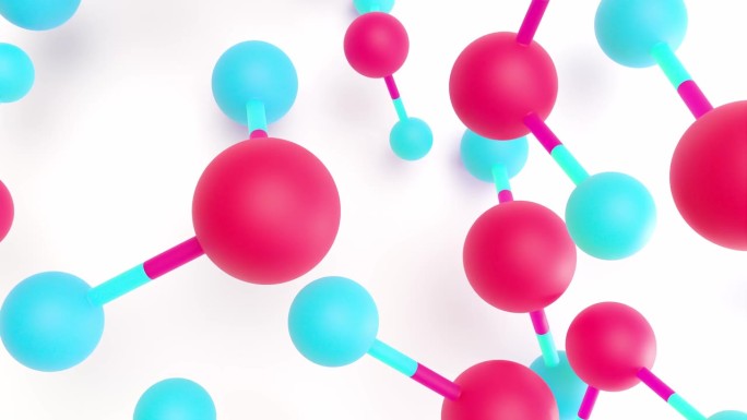 分子化学式H2O。水分子呈红蓝色。球棒化学结构模型和α通道。概念科学或化妆品行业。动画。