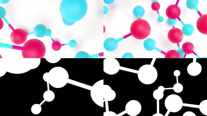 分子化学式H2O。水分子呈红蓝色。球棒化学结构模型和α通道。概念科学或化妆品行业。动画。