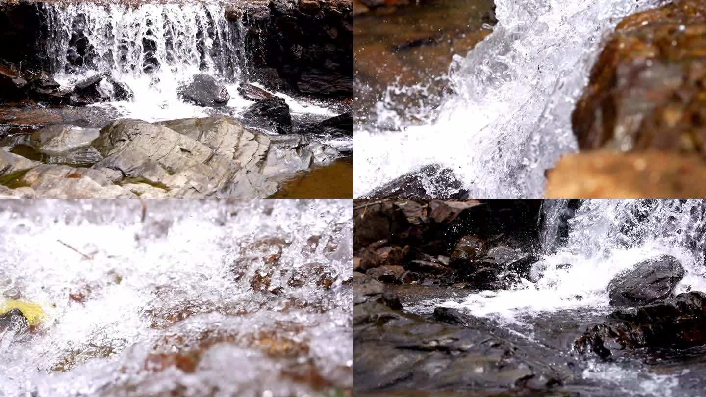 意境溪流，瀑布，白沫泡沫水花，慢动作