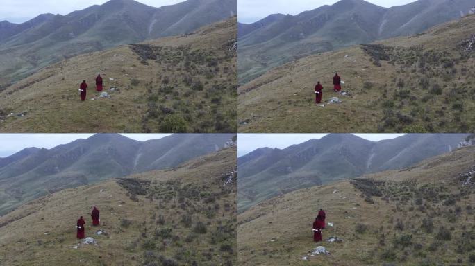 航拍藏族佛教僧人高山喇嘛