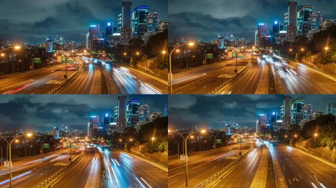 长时间曝光悉尼海港大桥和悉尼塔上高速公路上拥挤的交通和交通