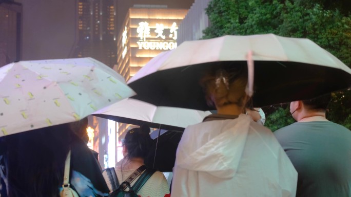 城市夜晚下雨天雨景人流夜景行人过马路街景