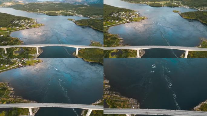 挪威北部地区Saltstraumen大漩涡的漩涡，鸟瞰美丽的大自然。盐湖是一个小海峡，拥有世界上最强