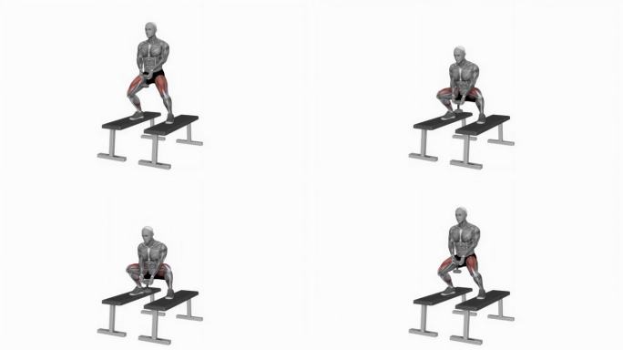 哑铃相扑蹲下长凳健身运动锻炼动画男性肌肉突出演示4K分辨率60 fps