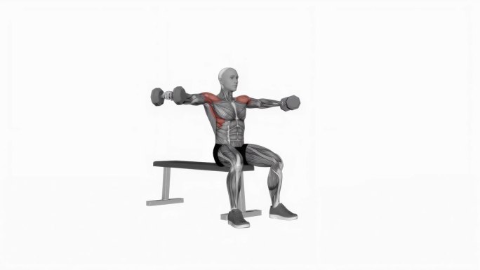 哑铃坐姿侧举健身运动锻炼动画男性肌肉突出演示4K分辨率60 fps