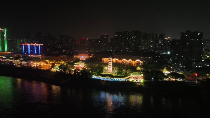 九江长江夜景航拍锁江楼塔浔阳楼夜景风光