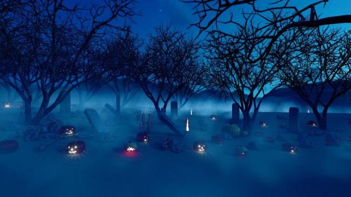 万圣节恐怖夜晚遍布森林的骷髅头南瓜灯骨架
