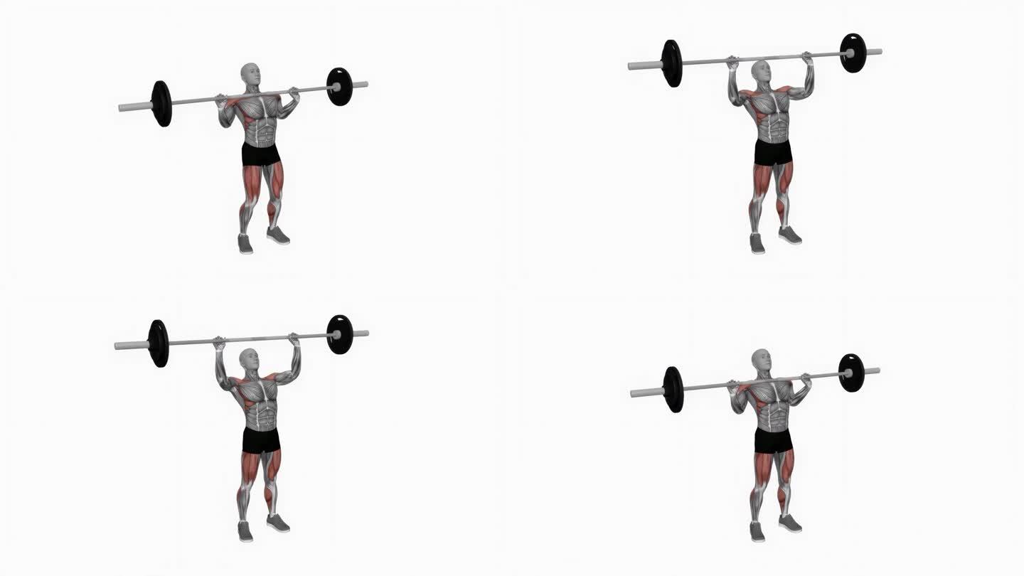 杠铃力量挺举健身运动锻炼动画男性肌肉突出演示4K分辨率60 fps