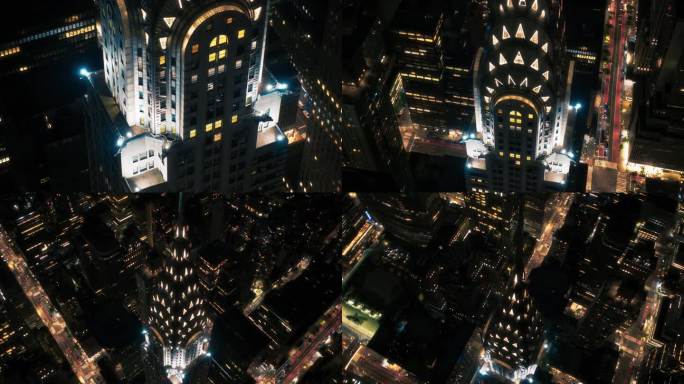曼哈顿下东区的航拍夜景。克莱斯勒大厦塔尖的近距离弧线镜头，灯光从屋顶上的窗户发出