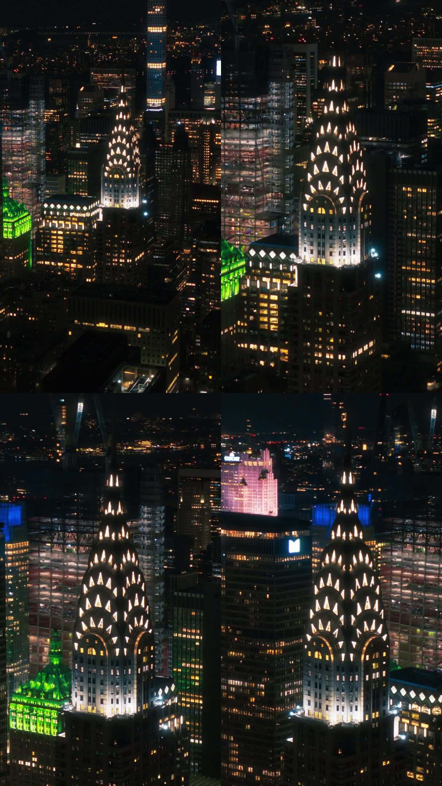 垂直屏幕:曼哈顿下城鸟瞰图。从直升机上拍摄的金融商业区全景夜景。纽约历史悠久的办公大楼和摩天大楼的风