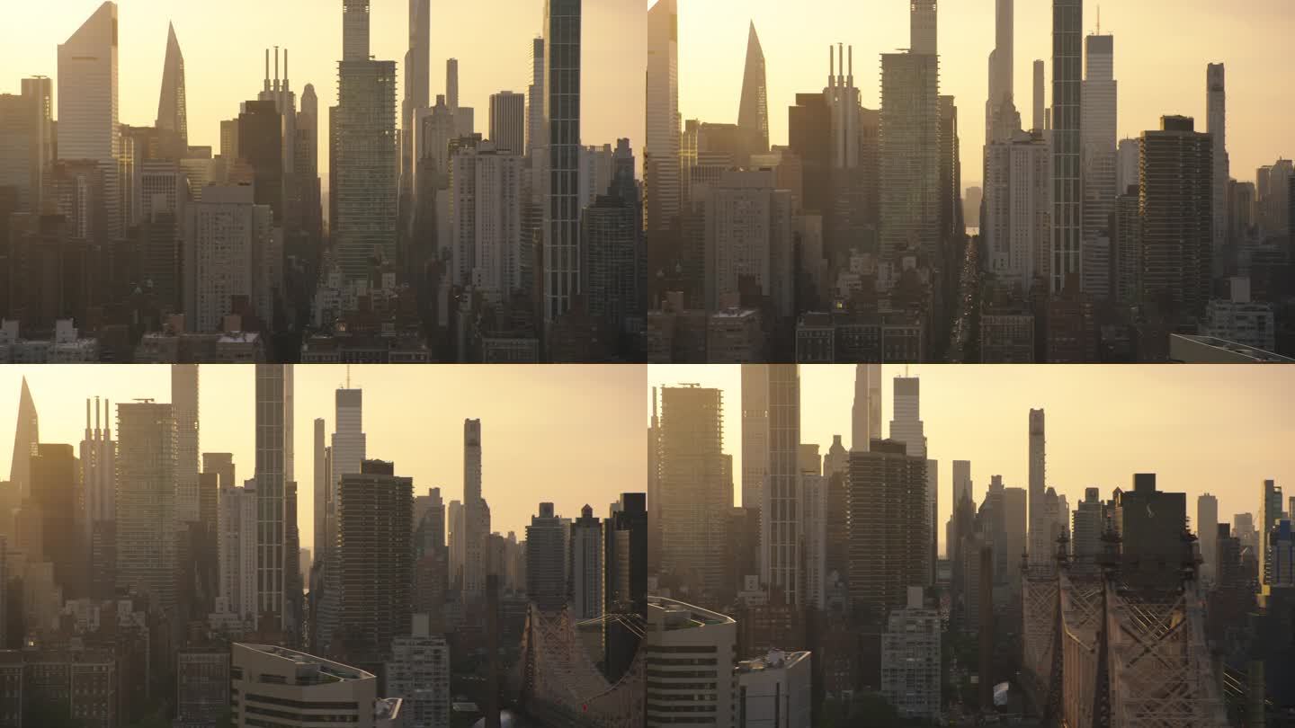 纽约曼哈顿下城建筑的空中夜景。日落时分直升机上的市区全景镜头。城市景观与现代办公大楼和历史悠久的摩天