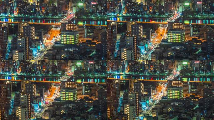 日本东京夜间交通路口与各种建筑摩天楼的延时拍摄