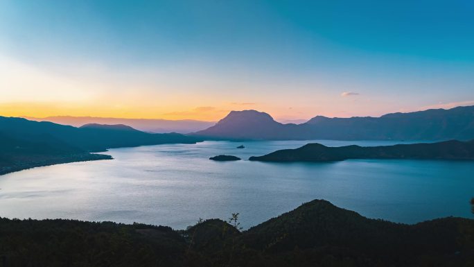 泸沽湖日落航拍延时摄影-4K