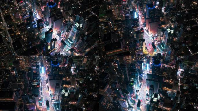直升机夜游纽约市建筑。飞越灯火通明的时代广场，那里有五颜六色的广告牌，成群的游客享受着曼哈顿的夜生活